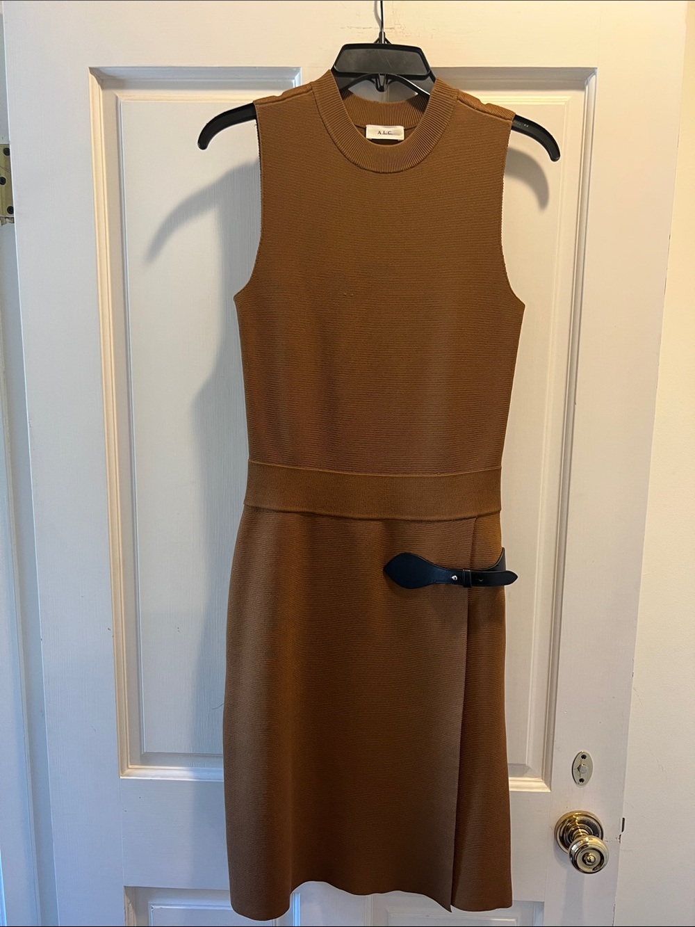 A.L.C. Sleeveless Camel Knit Midi Dress with Belt Detail